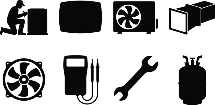 HVAC service and air conditioning repair icon set with technician tools ventilation duct and cooling system symbols