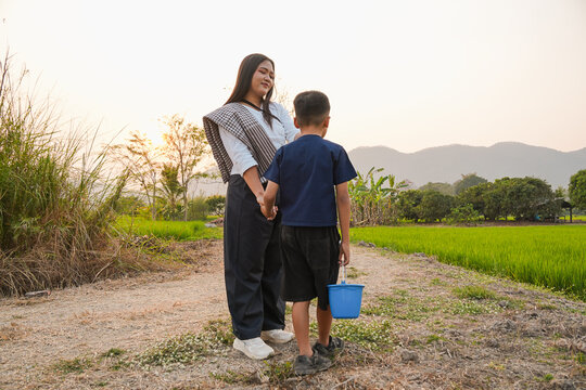 An Asian mother and son holding hands and walking together on a rural path next to a green rice field during sunset, happy family enjoying a warm golden hour moment outdoor.