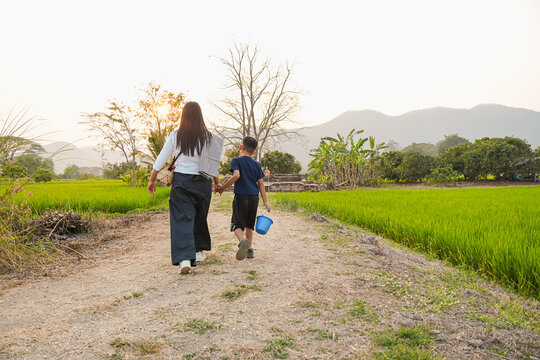 An Asian mother and son holding hands and walking together on a rural path next to a green rice field during sunset, happy family enjoying a warm golden hour moment outdoor.