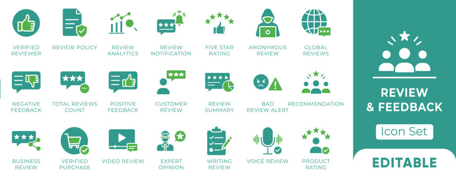 Review and feedback solid icons set. Elements for customer testimonials, product ratings, and user evaluation. Editable icons five star rating,. Vector illustration.