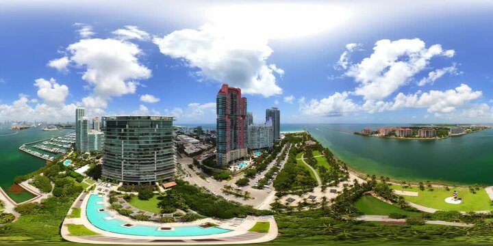 360 VR aerial drone video Miami Beach by inlet and islands 2026