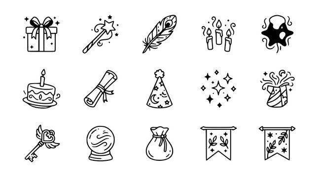 Magical Elements Icons: Gift, Wand, Feather, Candles, Cake, Scroll, Hat, Stars, Key, Crystal Ball, Bag, Banners