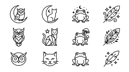 Fototapeta premium Mystical Creatures Icon Set: Owl, Cat, Frog, Feather - Line Art Collection