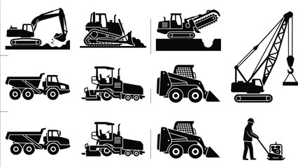 Heavy construction machinery black silhouette icon set featuring excavator bulldozer dump truck mobile crane and road equipment © Hunufa