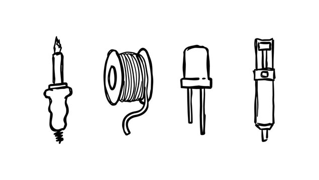 Spark plug, thread spool, eraser, and cartridge in rough doodle line