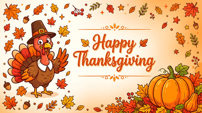 Happy thanksgiving day illustration turkey pumpkins autumn leaves festive holiday design