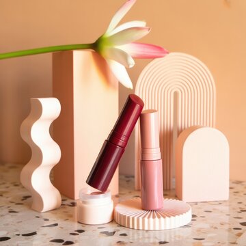 Elegant lipstick display with soft pastel tones, featuring a pink flower and modern sculptural decor on a terrazzo surface.