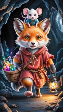 A cute, anthropomorphic fox in a hooded robe carries a basket of potions and a lantern, with a cheerful mouse companion perched on its head inside a cave.