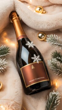 A festive champagne bottle with a "Merry Christmas" label, decorated with snowflakes, surrounded by pine branches, gold ornaments, and warm fairy lights on a soft blanket.