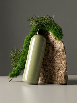 A green bottle leans against a textured stone adorned with moss and pine branches, set on a neutral surface with a gray background.