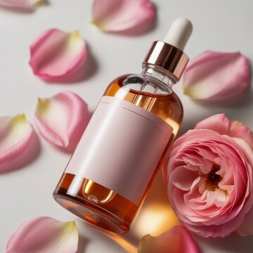 A glass dropper bottle with rose gold accents lies among scattered pink rose petals and a full pink rose, suggesting beauty or skincare products.