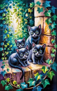 Four black kittens with bright eyes sit together on stone steps surrounded by lush green ivy in a colorful, vibrant illustration.
