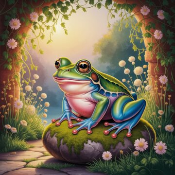 A colorful frog with big eyes sits on a mossy rock surrounded by flowers and greenery in a bright, magical forest setting.