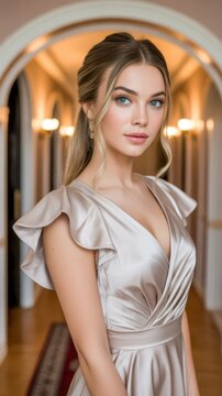 A young woman in an elegant satin dress poses confidently in a softly lit, ornate hallway.