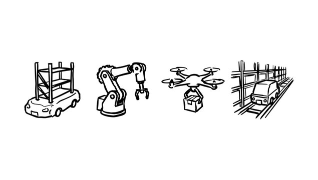 Construction fence, robot arm, drone, and scaffold in rough line doodle