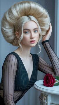 A woman with striking blue eyes and voluminous blonde hair styled in an elaborate updo poses elegantly next to a red rose on a white ornate table.