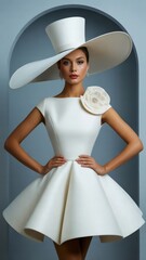 Fototapeta premium Elegant woman in a sculptural white dress and oversized matching hat poses confidently against a minimalist arched backdrop.