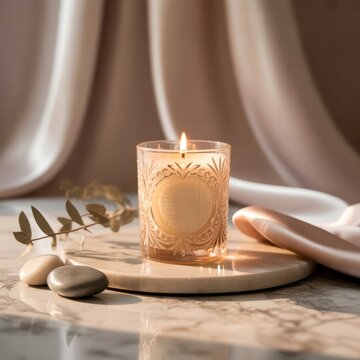 A lit decorative candle on a marble tray with smooth stones and eucalyptus leaves, set against soft beige drapery for a calming, elegant ambiance.