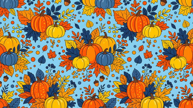 Festive thanksgiving day seamless pattern with pumpkins leaves and autumn berries