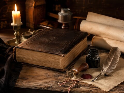 Historische Bibel mit Feder, Tintenfass und Pergament auf altem Holztisch. Symbolische Stilllebenaufnahme zur Reformation und zum Reformationstag in Deutschland mit warmer Kerzenbeleuchtung.