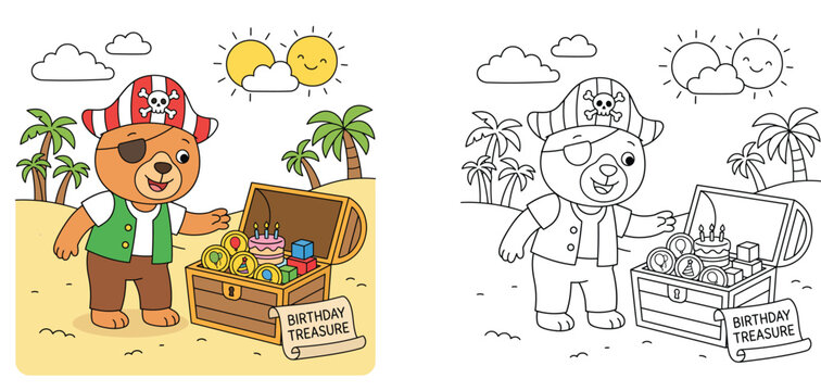 Pirate bear with birthday treasure chest coloring page, cute cartoon vector illustration with colored and black and white outline template for kids party activity worksheet