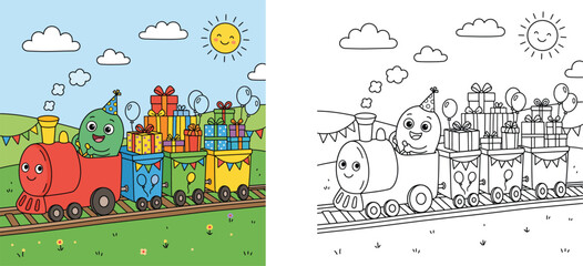 Happy cartoon train engine with birthday presents and character coloring book page outline vector illustration set © MMONIR