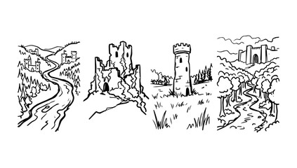Fototapeta premium Castle ruins and landscape towers in rough doodle line scenery
