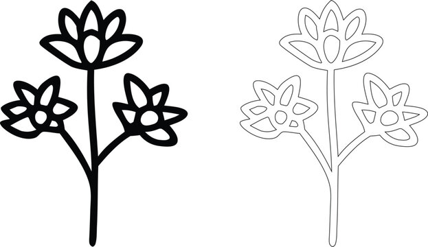 Two floral featuring a three-petaled flower on a stem, presented in both thick black line and thin outline styles on a white background