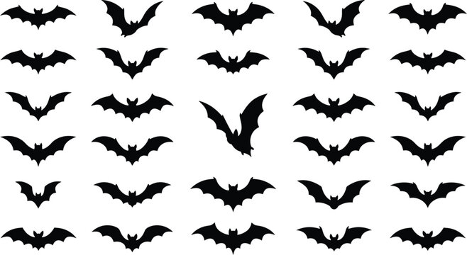 Collection of black bat silhouettes in various flying positions arranged in a grid pattern on a white background for halloween