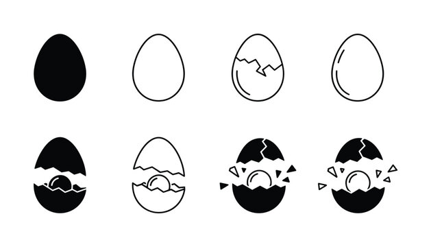 Eight egg hatching line icons showing different stages of cracking and hatching isolated on a clean white background.