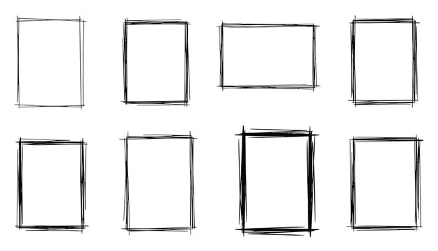 Hand drawn scribble black line borders and empty square frames isolated on a clean white background for copy space.