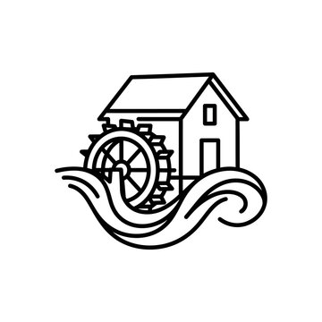 Black line art depicting traditional watermill house with rotating wheel.