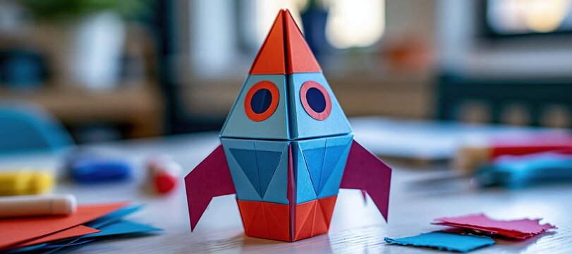Paper rocket craft on classroom table with colorful cardstock and craft tools