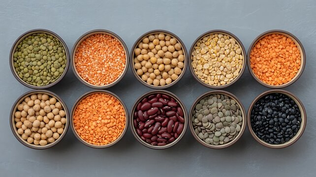 Ten small bowls filled with various types of dried legumes, beans, lentils, and peas on a grey wooden surface