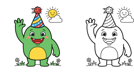 Fototapeta premium Cute cartoon monster wearing party hat coloring page with colored sample, friendly green creature waving hands in outdoor scene outline vector template for kids
