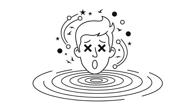Surrealistic line art of a dizzy tired head submerged in water ripples with birds and stars spinning around.