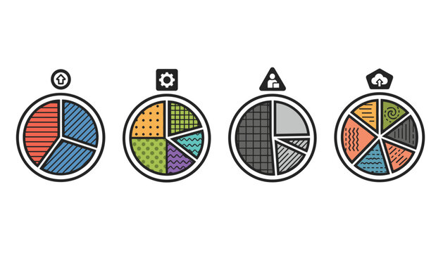 Four detailed pie charts featuring different patterns, stripes, and dots paired with flat line shortcut icons.
