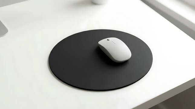 Minimalist setup featuring a sleek black circle mouse pad and a white wireless mouse resting on a clean white desk surface for modern workspace design