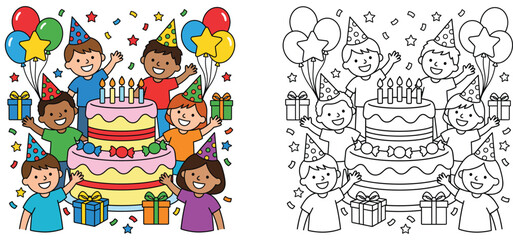 Fototapeta premium Kids birthday party cartoon illustration and coloring page set, happy children with big cake, balloons, gifts and party hats, outline vector template for coloring book.