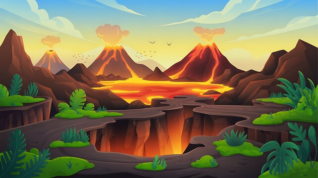 Active volcanoes erupting with lava in a tropical landscape
