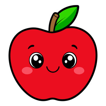 Smiling red apple character with kawaii face and green leaf in flat vector illustration