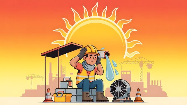 Construction worker cooling off with water in hot summer sun