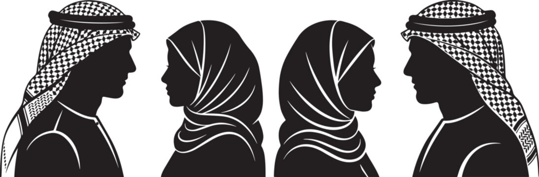 Arab Men and Women Traditional Middle Eastern Profile Silhouette Collection, Islamic Hijab Keffiyeh Cultural Avatar Vector Illustration Isolated Design