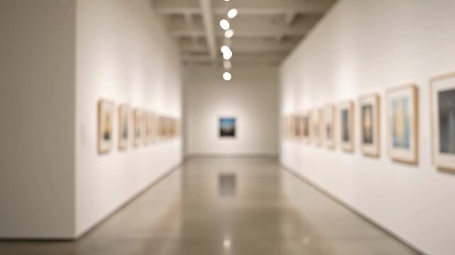 A long, well-lit, and empty art gallery hallway with framed artworks displayed on both white walls, creating a sense of depth and modern architectural design.