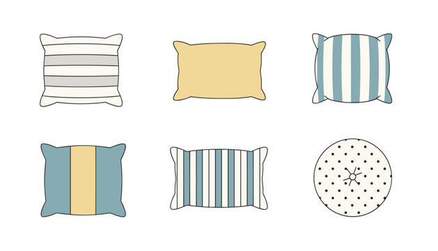 Set of home decor pillows and cushions in yellow and blue palettes features striped and dotted patterns.