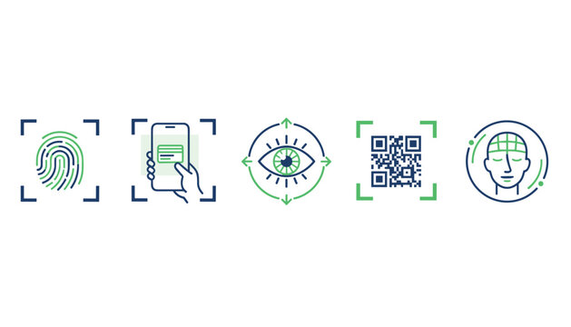 Biometric security and digital identification line icons representing fingerprint, mobile payment, eye scan, QR code, and facial recognition.