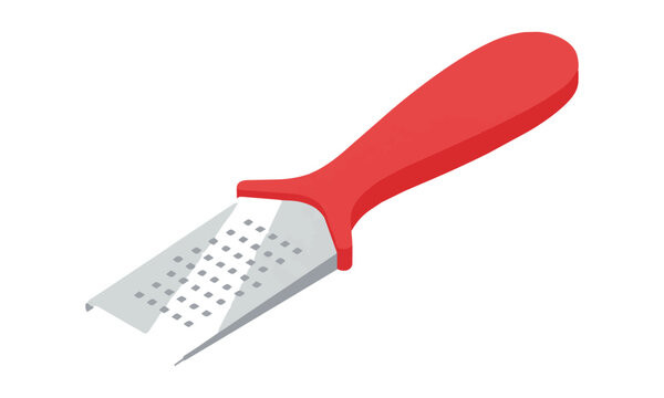 Minimalist kitchen citrus zester with a vibrant red handle and polished light grey blade in isometric view, isolated on white. Cooking tool concept