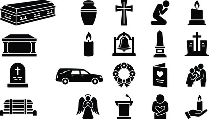 Fototapeta premium Black Funeral Ceremony and Memorial Service Silhouette Vector Icon Set Featuring Wooden Coffin Casket Hearse Car Gravestone Cremation Urn Angel and Mourning Figures