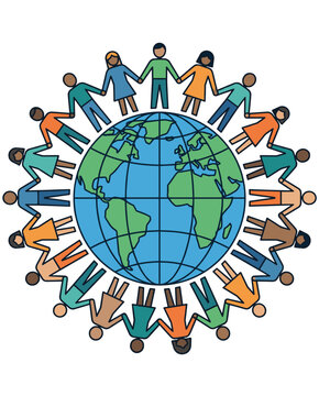 Diverse people forming a circle around globe symbolizing unity inclusion and international solidarity