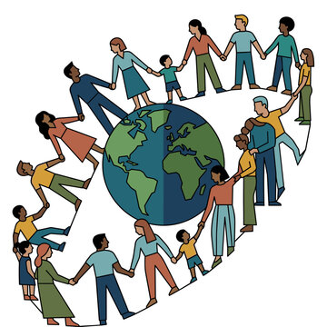Global citizens holding hands around earth symbolizing unity cooperation and shared responsibility